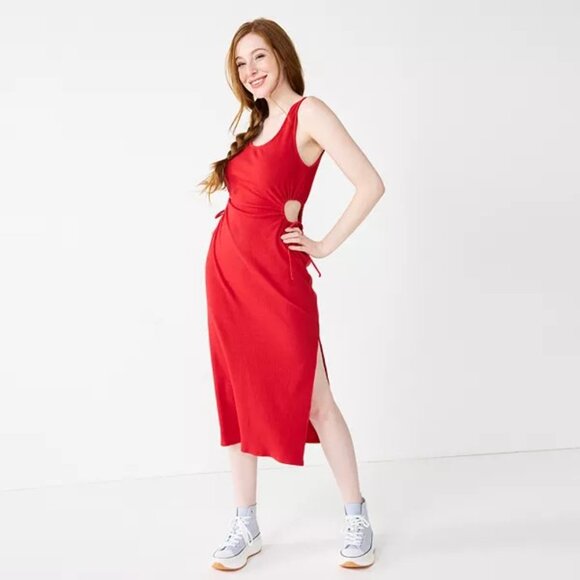 Red Sleeveless Scoop Neck Bodycon Midi Dress - Picture 1 of 8